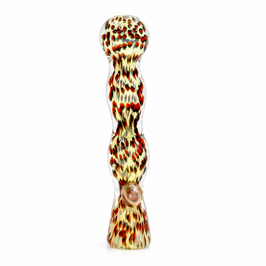 Two hand-blown glass water pipes standing upright on a white background. The left pipe is transparent with blue and yellow marbled patterns, and the right pipe is transparent with red, orange, and yellow marbled patterns.