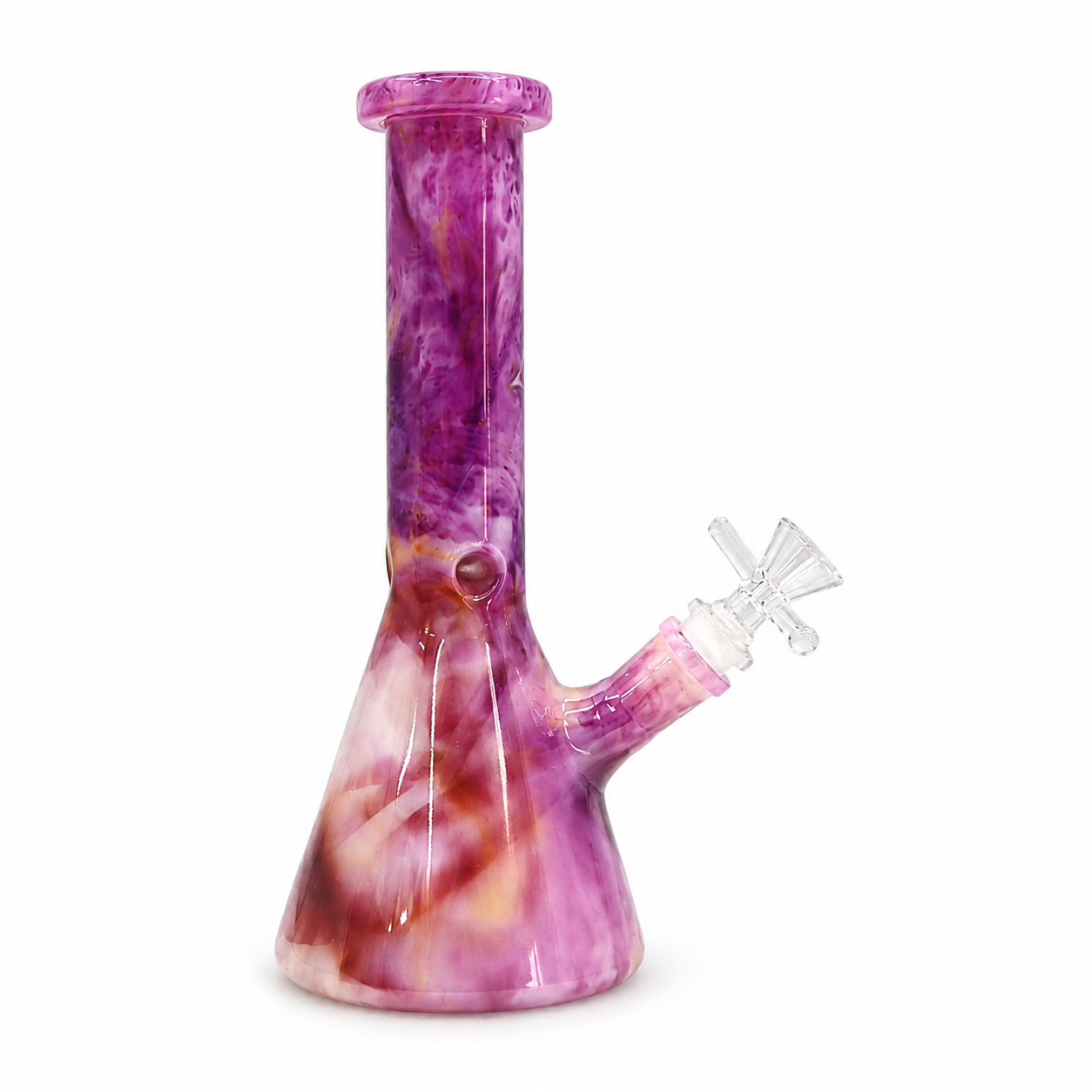 Glass water pipe with a marbled pink and purple design on a white background