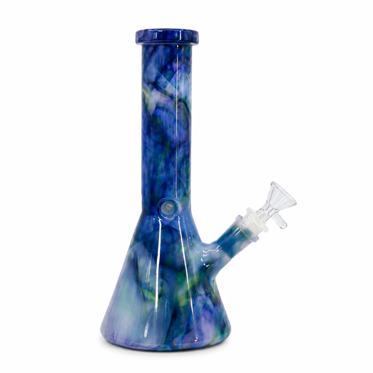 Blue and green glass water pipe on a white background