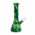 Green and blue tie-dye glass water pipe on a white background