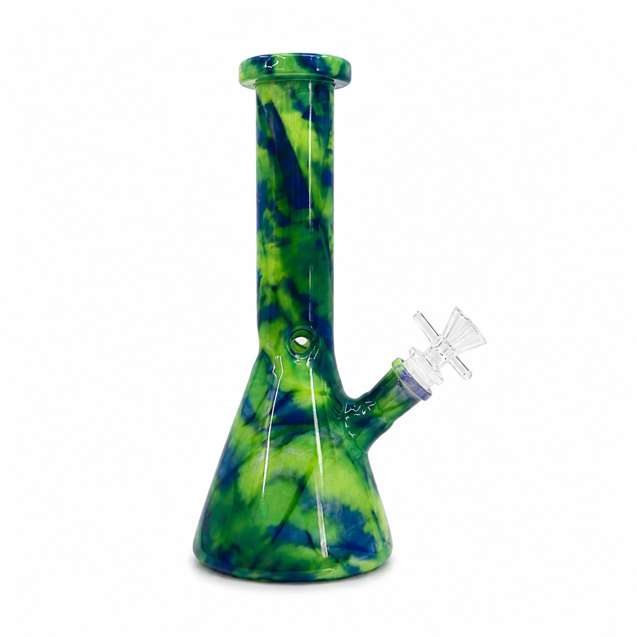Green and blue tie-dye glass water pipe on a white background