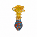 A hand-blown glass water pipe with a bulbous yellow top and a blue, orange, and white swirled glass body, isolated on a white background.