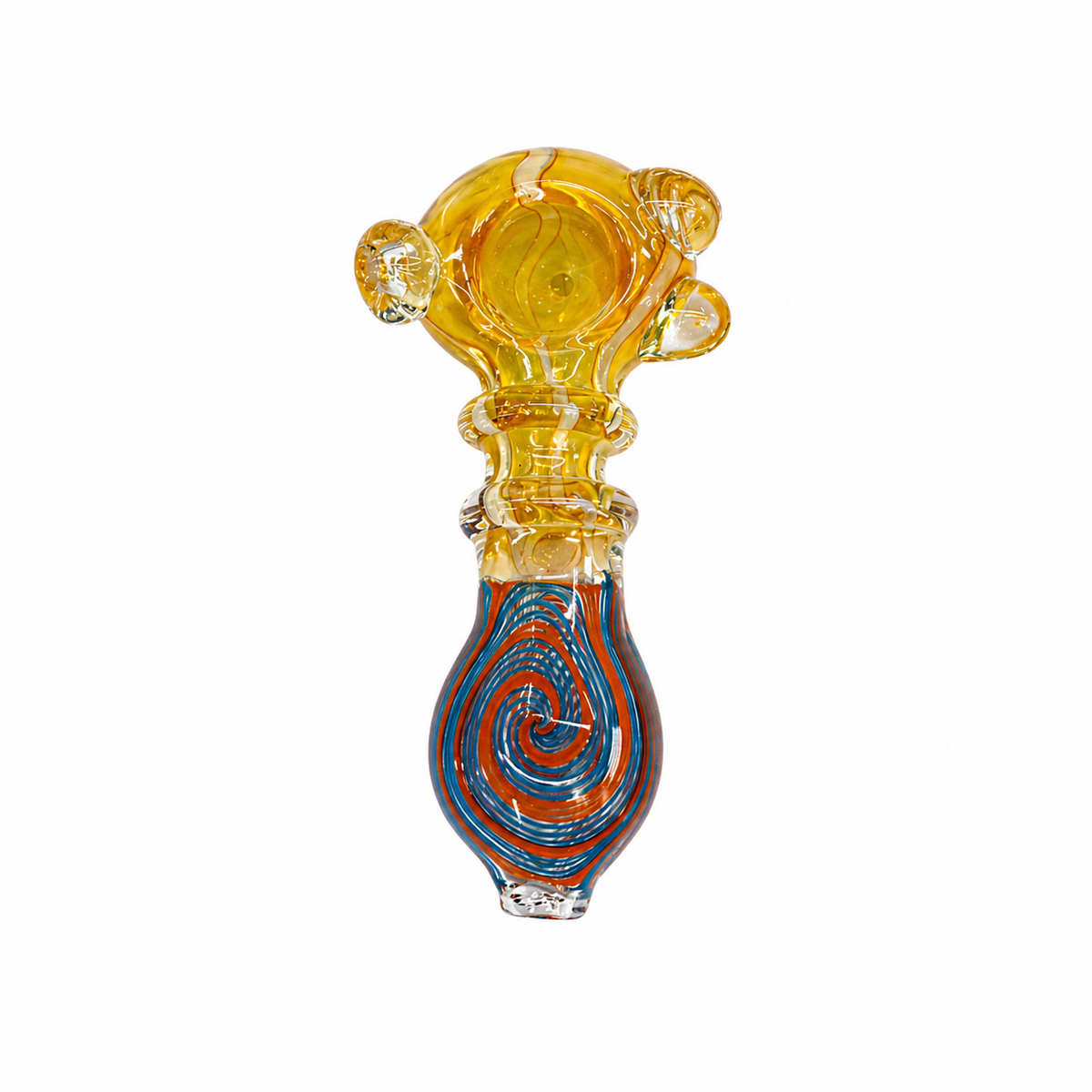 A hand-blown glass water pipe with a bulbous yellow top and a blue, orange, and white swirled glass body, isolated on a white background.