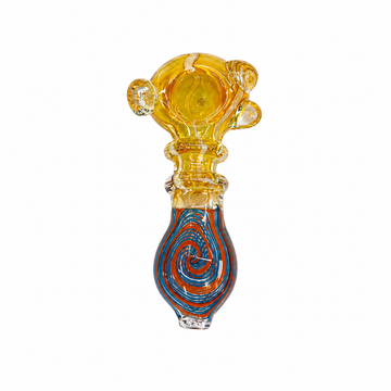 A hand-blown glass water pipe with a bulbous yellow top and a blue, orange, and white swirled glass body, isolated on a white background.