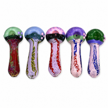 4.5" Mushroom Cap Glass Spoon Pipe with Frit Stem & Dot Accents
