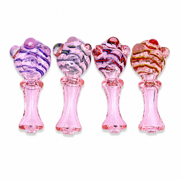 4.5" Pink Swirl Pedestal Glass Hand Pipe with Crown Marbles