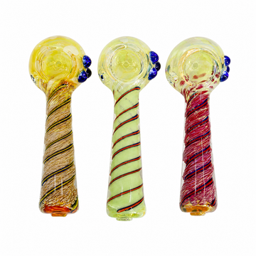 4.5" Fumed Spiral Ribbon Glass Spoon Pipe with Blue Roll-Stop