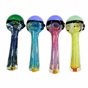 4.5" Color-Capped Frit Glass Spoon Pipe with Black Band & Marbles