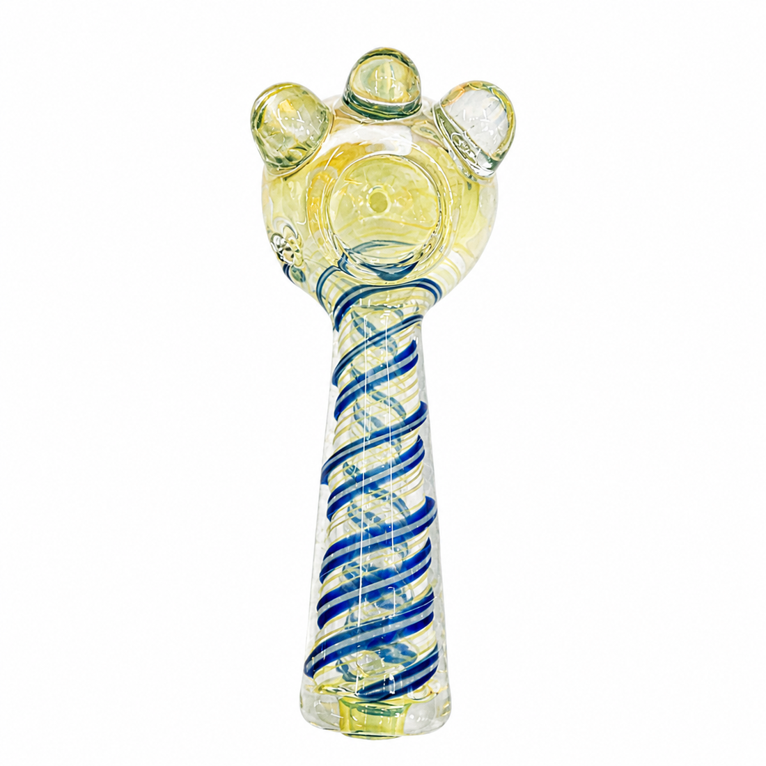Four hand-blown glass water pipes with colorful spiral patterns, arranged in a row against a plain white background.

