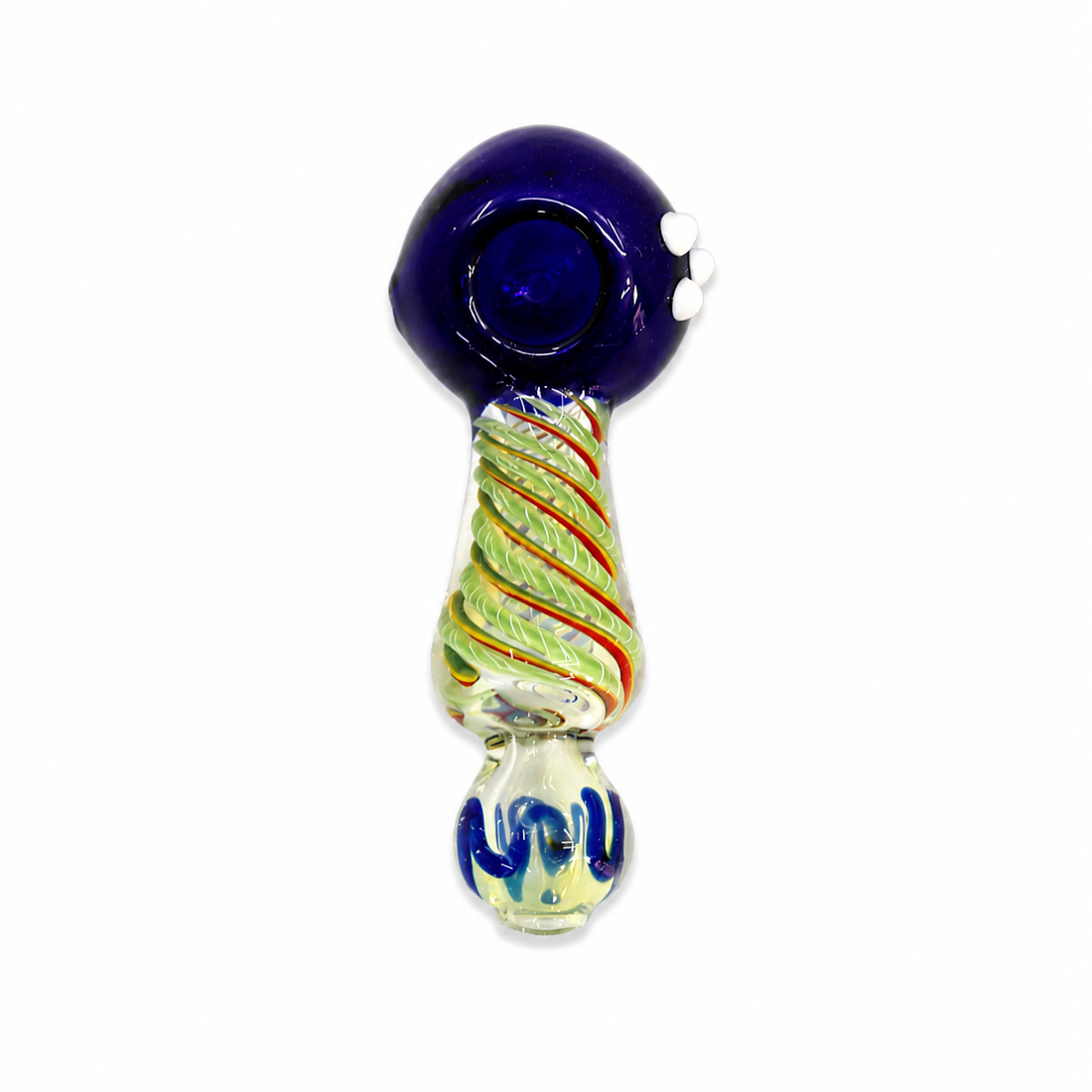 Three hand-blown glass water pipes with bulb-shaped mouths and striped stems, shown side by side on a plain white background. Each pipe has a deep blue top, multicolored glass swirls in the stem, and a yellow-green or blue-green base.

