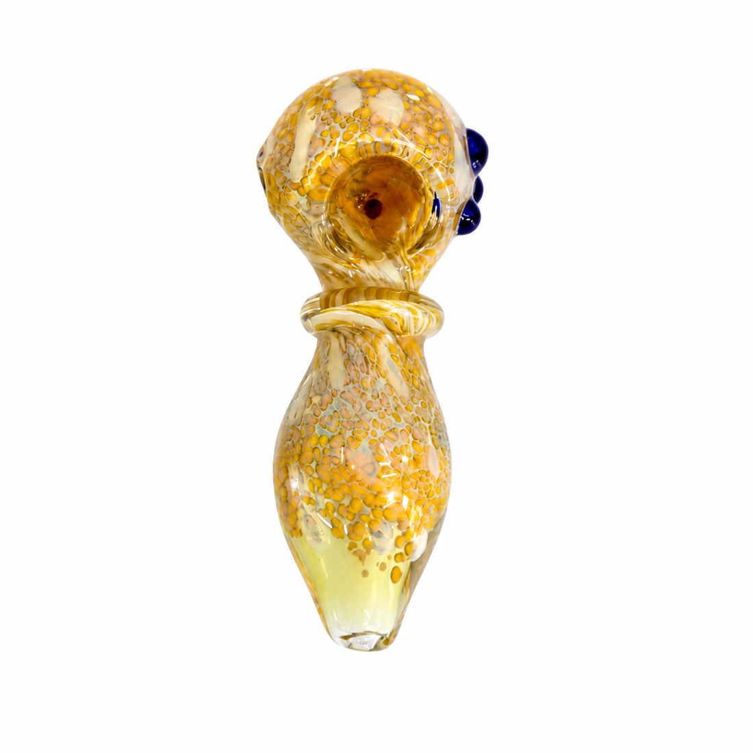 Nine hand-blown glass bird-shaped pieces in assorted colors and patterns, arranged in a 3-by-3 grid on a plain white background.