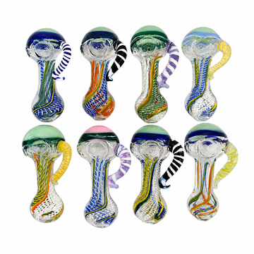 4.5" Color-Capped Curved Handle Wig-Wag Glass Spoon Pipes