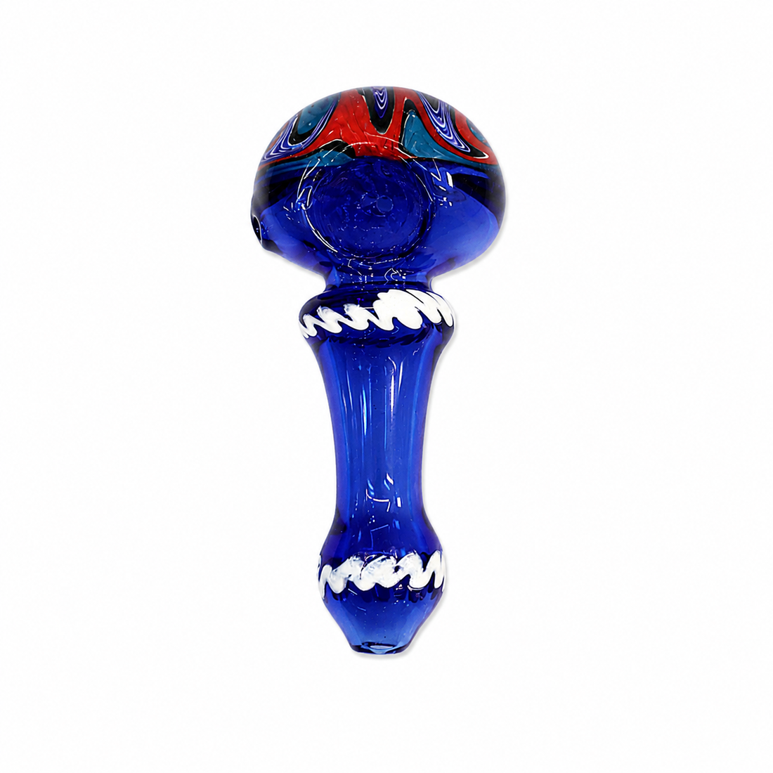 Three hand-blown glass water pipes on a plain white background, featuring black bodies with white zigzag patterns and colorful red, blue, and yellow swirls on the top.

