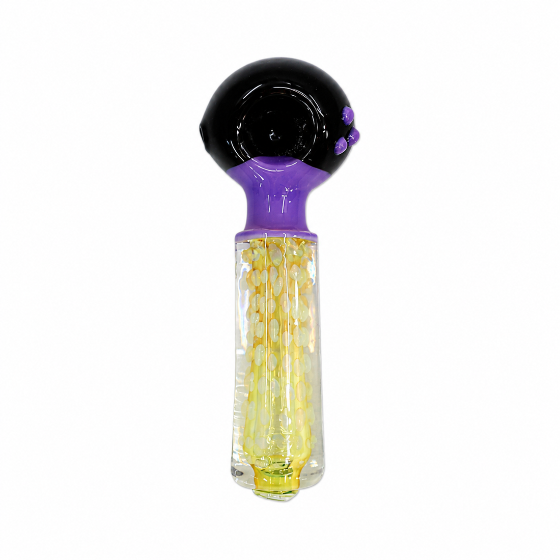 Three glass water pipes with black bulb tops and colored necks, displayed side by side on a white background.

