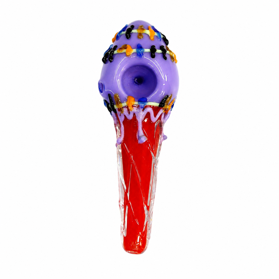 Three colorful glass ice cream cone-shaped smoking pipes on a plain white background, featuring pink, purple, and green tops with red bodies and decorative multicolor bead accents.

