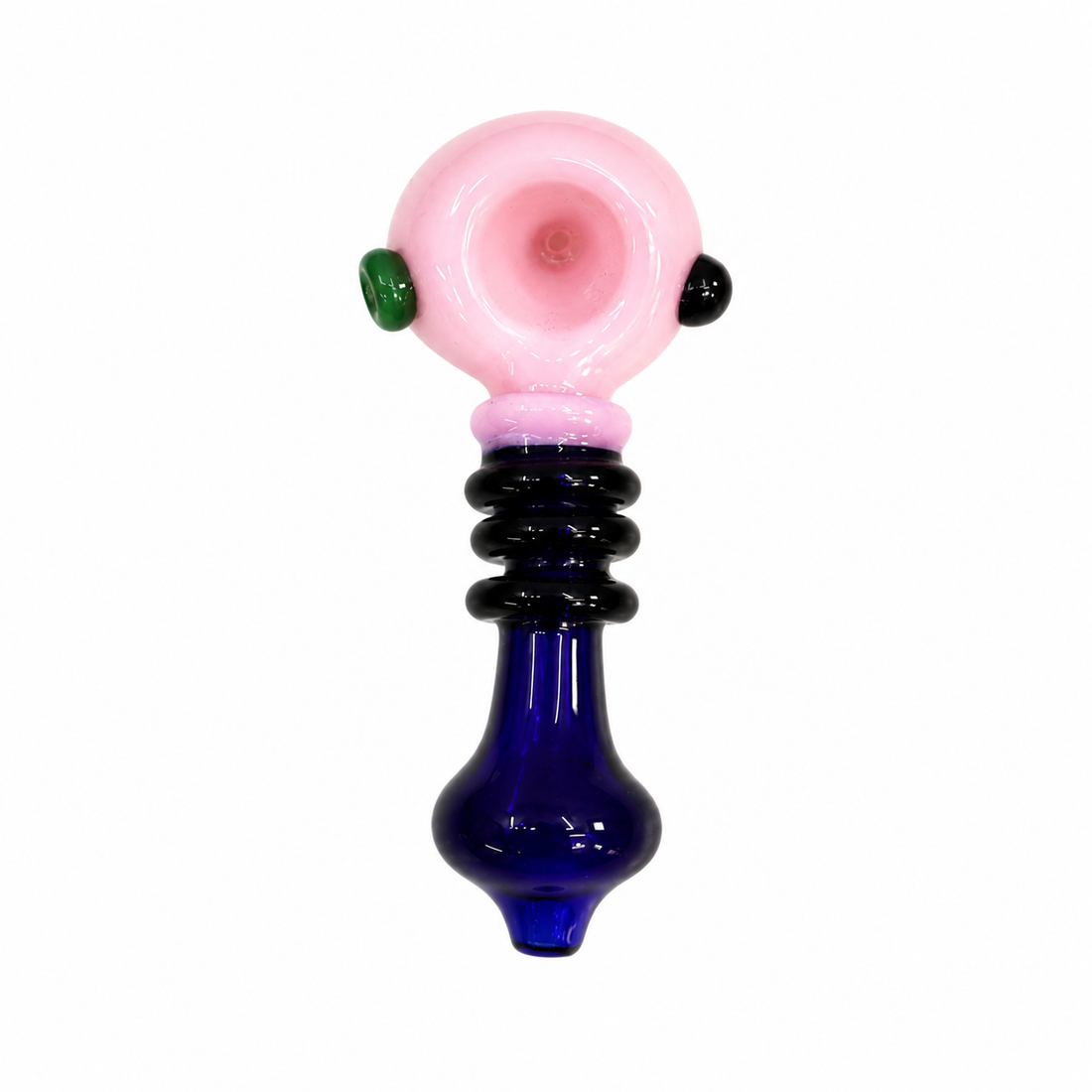 Four colorful glass water pipes in green, purple, pink, and black, arranged side-by-side on a plain white background.

