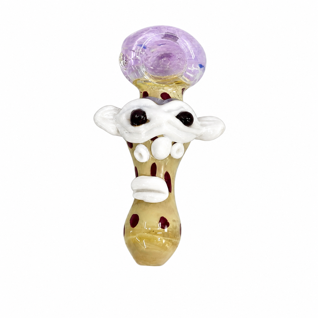 Three hand-blown glass novelty pipes with whimsical cartoon faces, displayed side-by-side on a solid white background.

