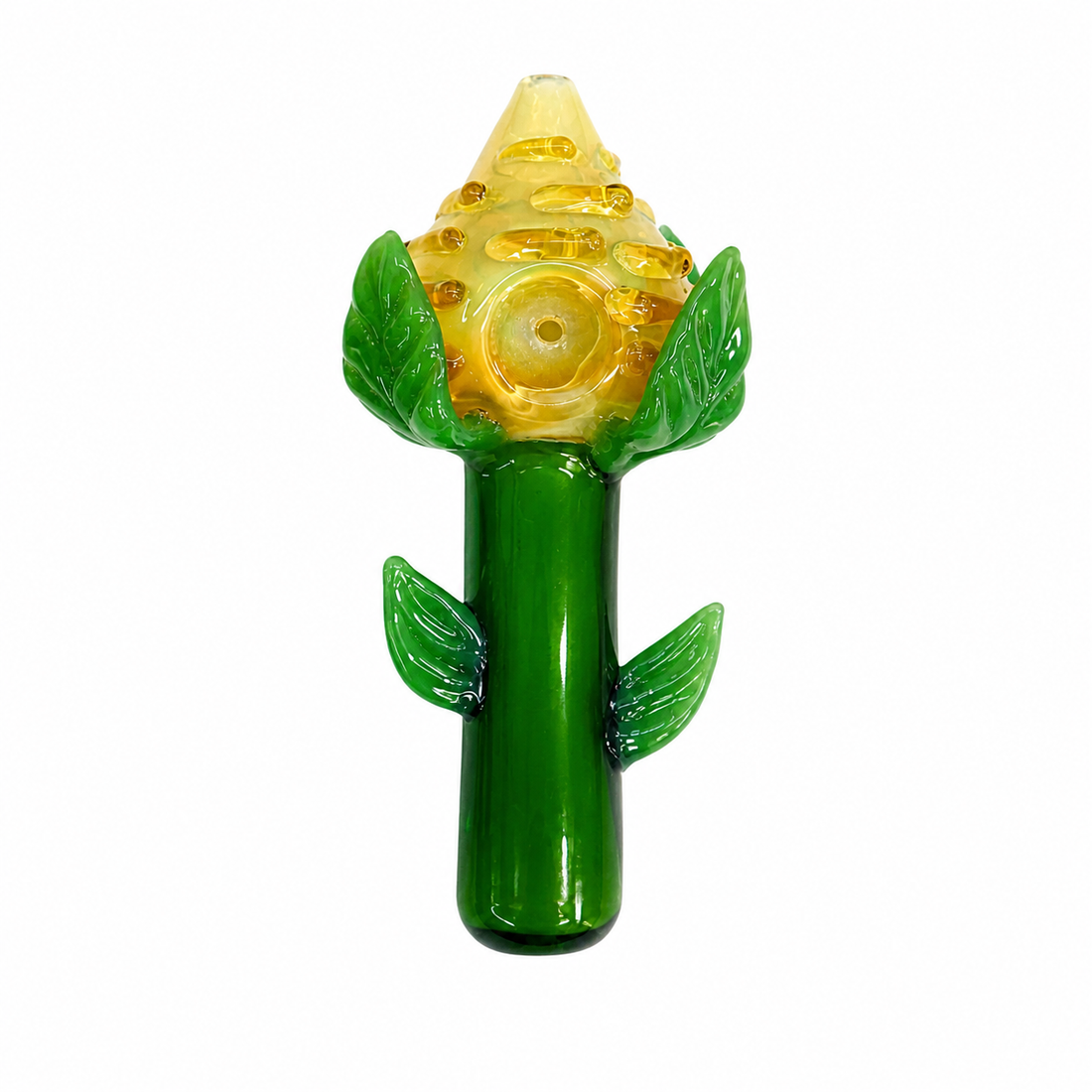 Three flower-shaped glass water pipes on a plain white background, featuring green stems and leaves with white, red, and yellow flower tops.

