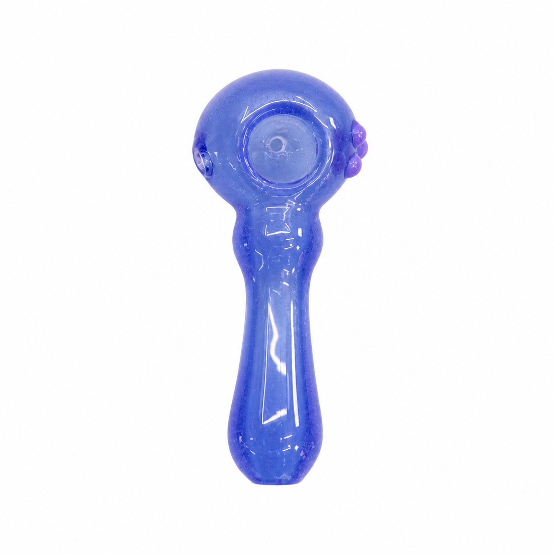 Four glass water pipes in purple, brown, blue, and pink, arranged in a row on a plain white background.

