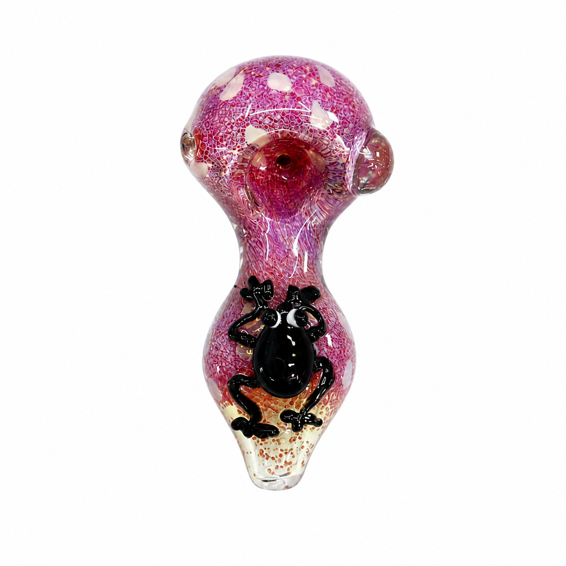 Three handmade glass water pipes with unique designs and colors, displayed side-by-side on a plain white background. The left pipe is blue and yellow with a green frog face.