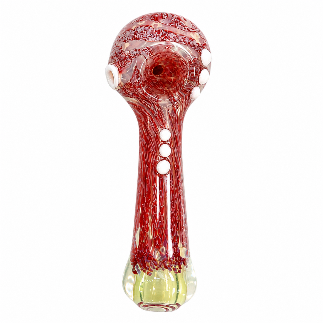 Three decorative glass water pipes with bulb-shaped heads are shown against a plain white background. The left pipe is red and yellow, the center pipe is green with black accents, and the right pipe is red and white with yellow at the base.

