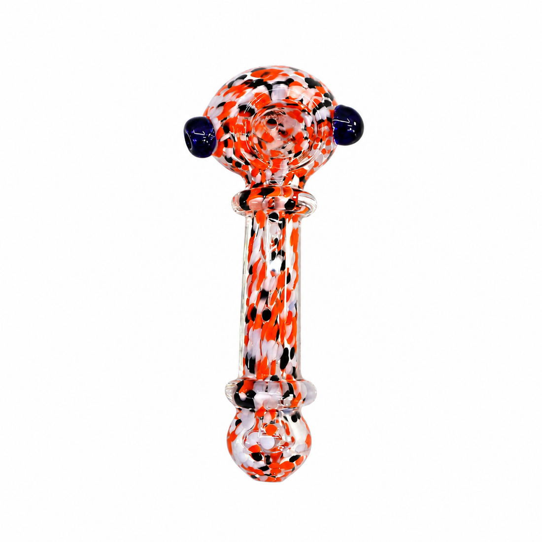 Three hand-blown glass water pipes with colorful speckled patterns, displayed side-by-side on a solid white background.

