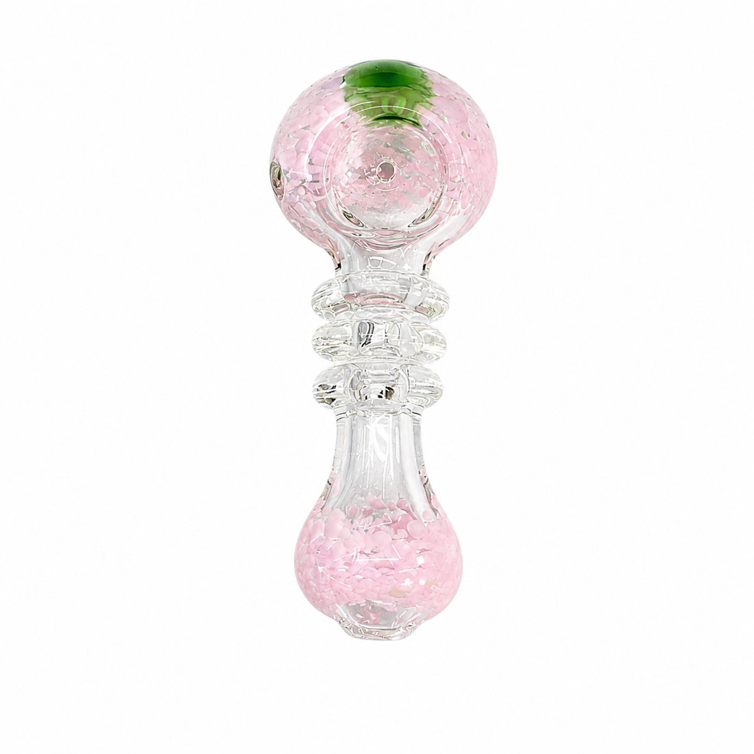 Three glass baby teething rings with textured, bubbly designs in green, purple, and pink, shown on a solid white background.

