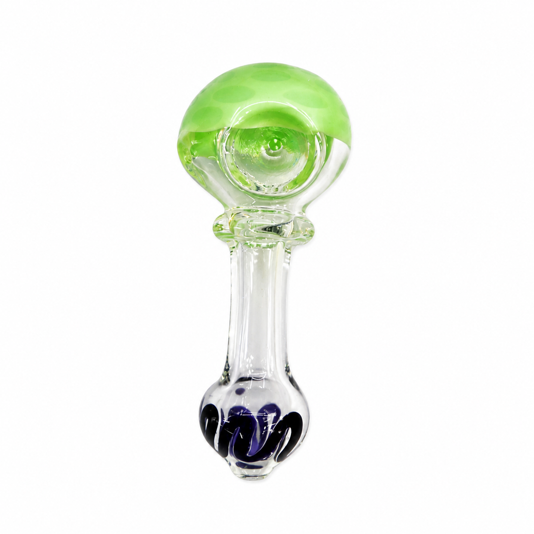 Five glass dildo-shaped pieces arranged in a row on a white background, each with a different colored bulbous top and clear stems.

