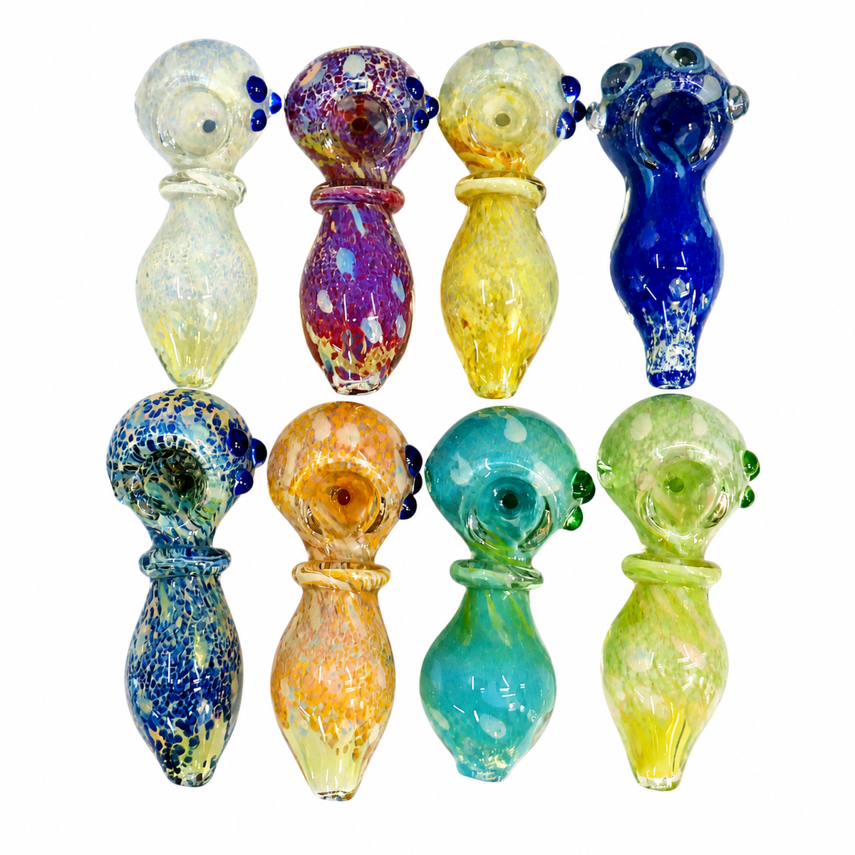 Nine hand-blown glass bird-shaped pieces in assorted colors and patterns, arranged in a 3-by-3 grid on a plain white background.