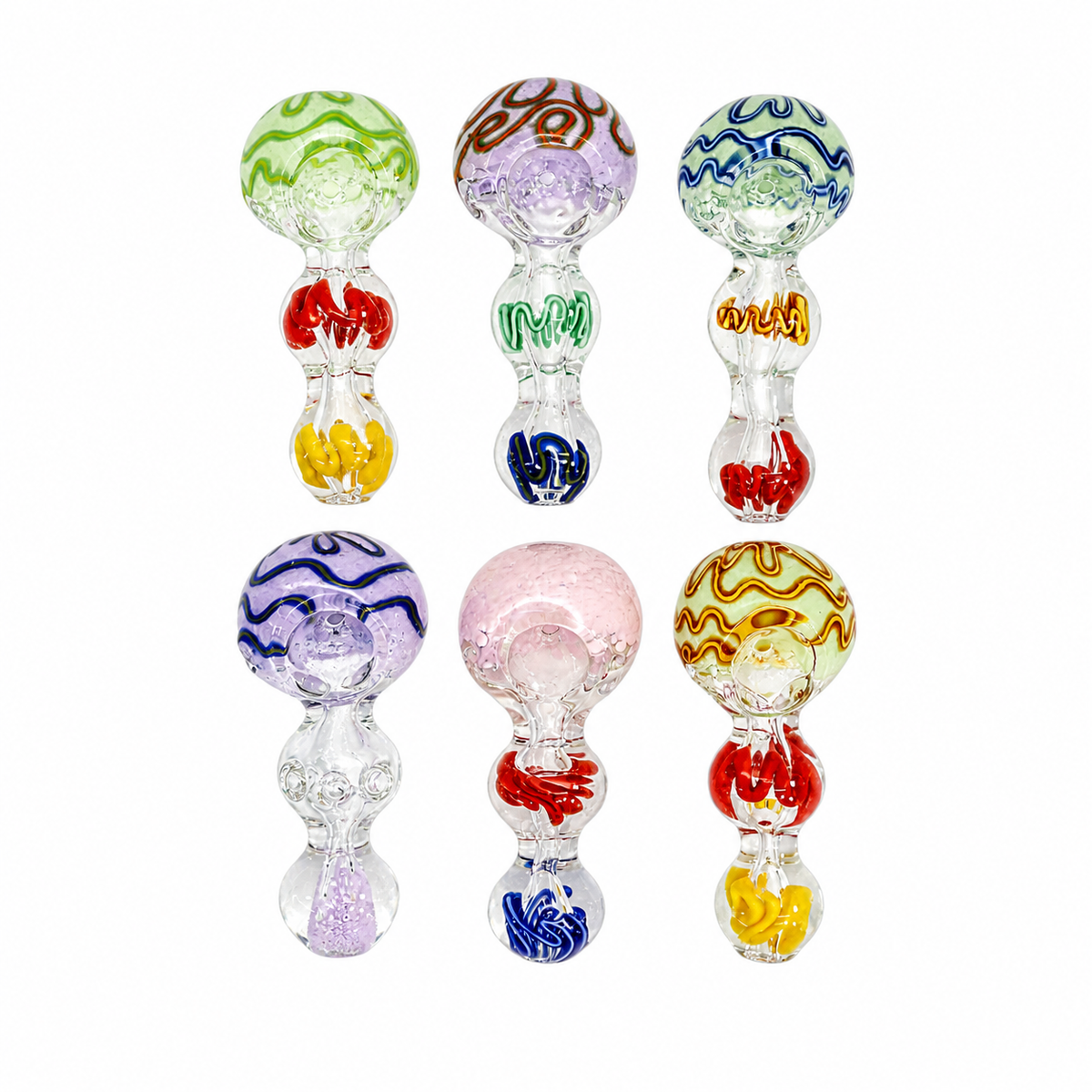 Six glass mushroom-shaped pipe pieces arranged in two rows on a plain white background. The pieces are made of transparent glass with colorful swirls and inclusions in green, purple, blue, red, yellow, and pink.

