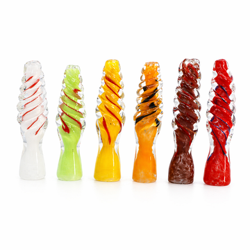 Six hand-blown glass water pipe pieces arranged in a row on a white background, each with a different color combination including white and red, green and red, yellow and red, orange and black, dark brown and red, and red and orange.

