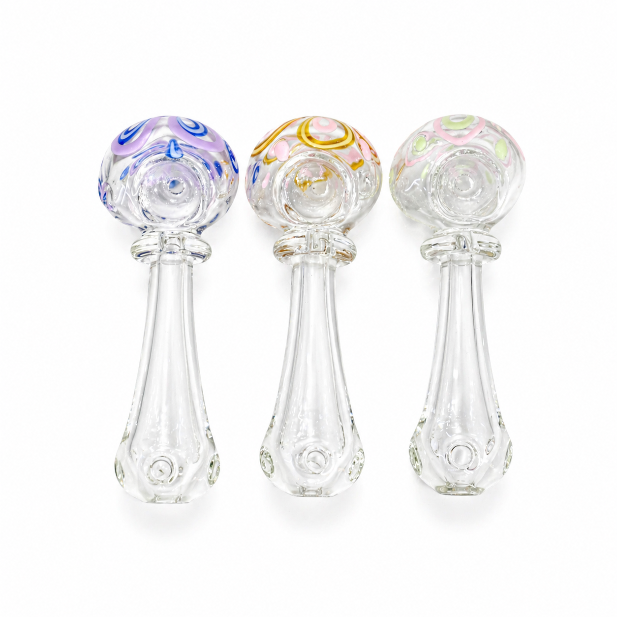 Three 3.5" Glass Spoon Pipes (80 Count) accessories with colorful top pieces on a white background