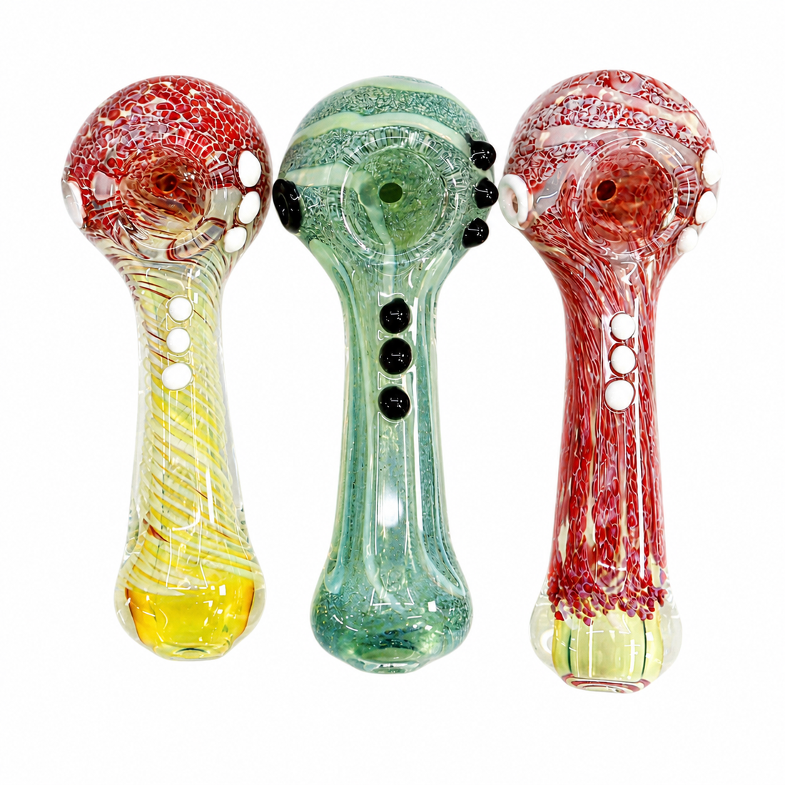 Three decorative glass water pipes with bulb-shaped heads are shown against a plain white background. The left pipe is red and yellow, the center pipe is green with black accents, and the right pipe is red and white with yellow at the base.

