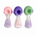 Three glass water pipes in pink, purple, and green, arranged side by side on a plain white background.

