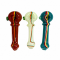 Three glass water pipes in red, clear, and teal with red, yellow, and green marbled stripes, displayed side-by-side on a white background.

