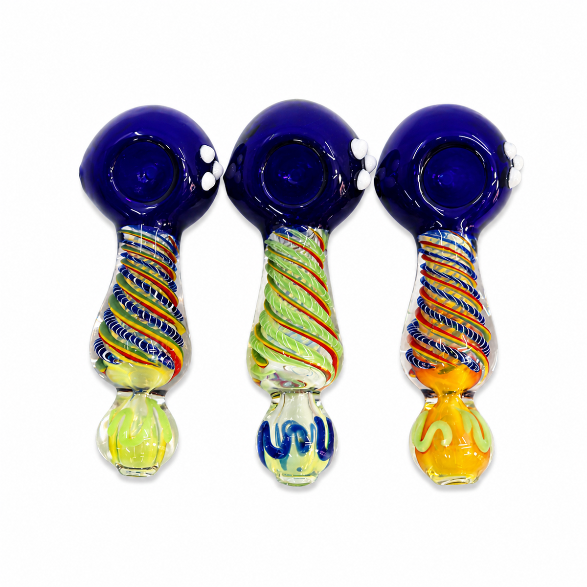 Three hand-blown glass water pipes with bulb-shaped mouths and striped stems, shown side by side on a plain white background. Each pipe has a deep blue top, multicolored glass swirls in the stem, and a yellow-green or blue-green base.

