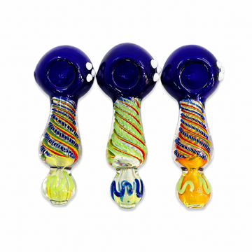Three hand-blown glass water pipes with bulb-shaped mouths and striped stems, shown side by side on a plain white background. Each pipe has a deep blue top, multicolored glass swirls in the stem, and a yellow-green or blue-green base.

