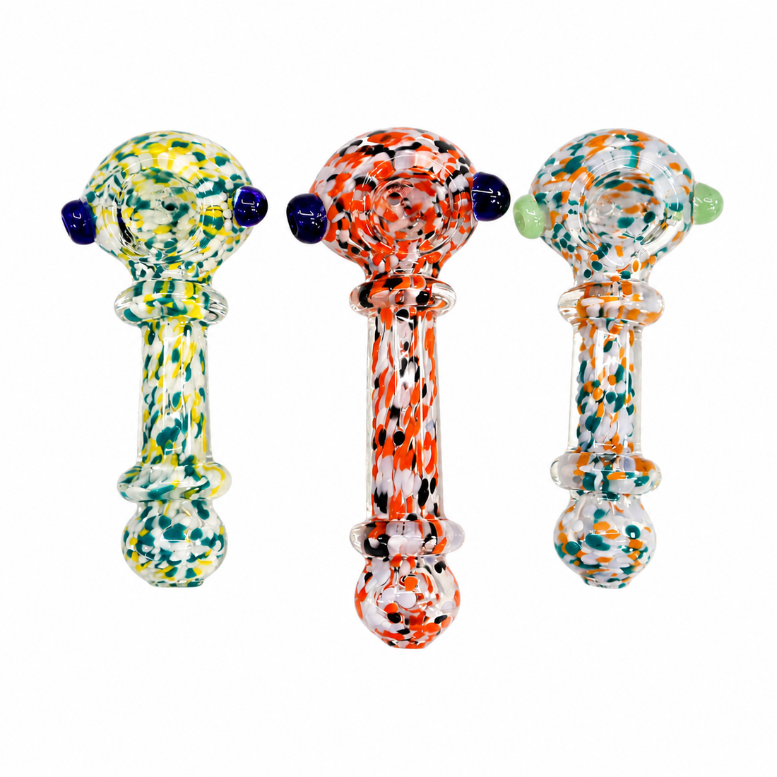 Three hand-blown glass water pipes with colorful speckled patterns, displayed side-by-side on a solid white background.

