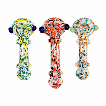Three hand-blown glass water pipes with colorful speckled patterns, displayed side-by-side on a solid white background.

