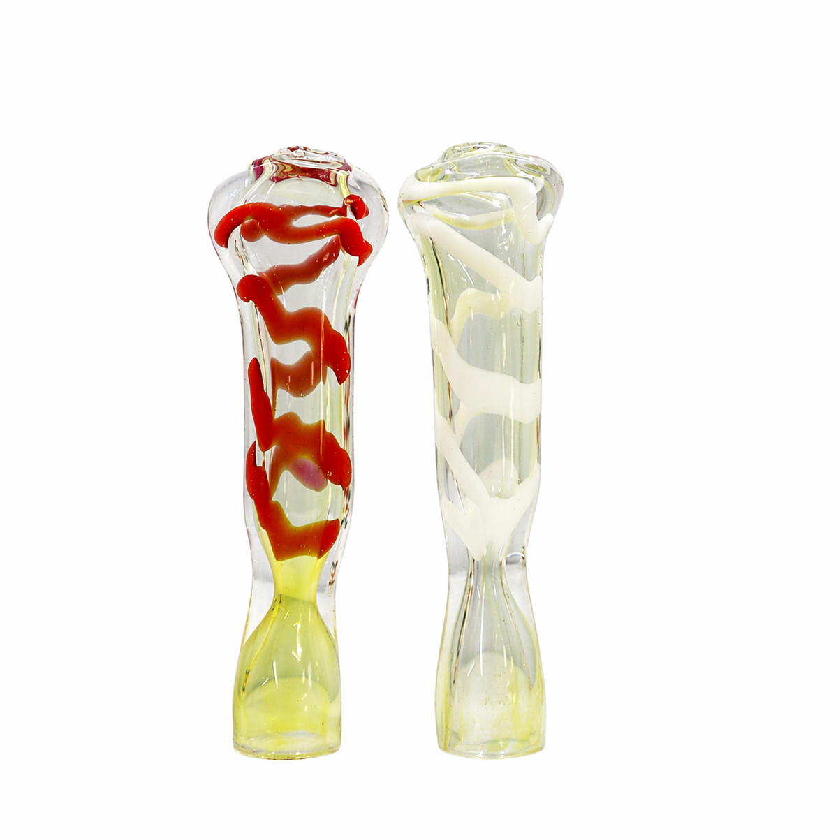 Two clear glass banger pipes with decorative swirls, one featuring a red swirl pattern and a yellow base, and the other with a white swirl pattern and a pale yellow base, set against a plain white background.