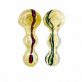 Two glass water pipes with bulbous shapes, featuring a pale yellow base with one pipe having a red and blue vertical stripe and the other with a green and blue vertical stripe, set against a plain white background.

