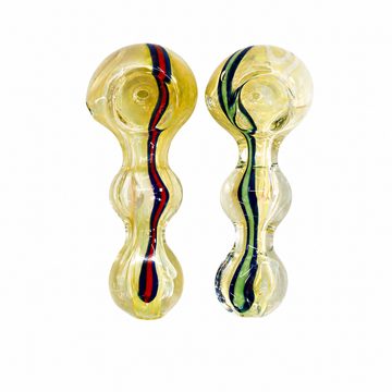 Two glass water pipes with bulbous shapes, featuring a pale yellow base with one pipe having a red and blue vertical stripe and the other with a green and blue vertical stripe, set against a plain white background.

