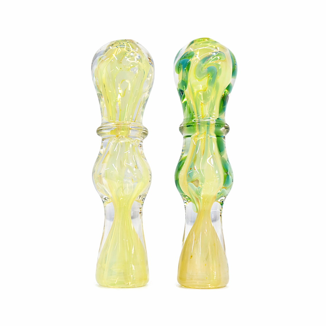 Two hand-blown glass water pipes with bulb-shaped tops and flared bases, shown side by side on a plain white background. One is primarily pale yellow with green swirls, and the other is primarily yellow with green swirls near the top.


