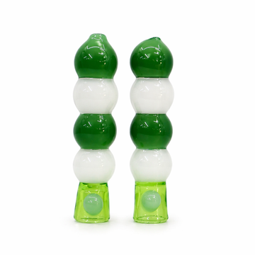 Two matching green and white glass smoking accessories with stacked bulb shapes, shown on a plain white background.

