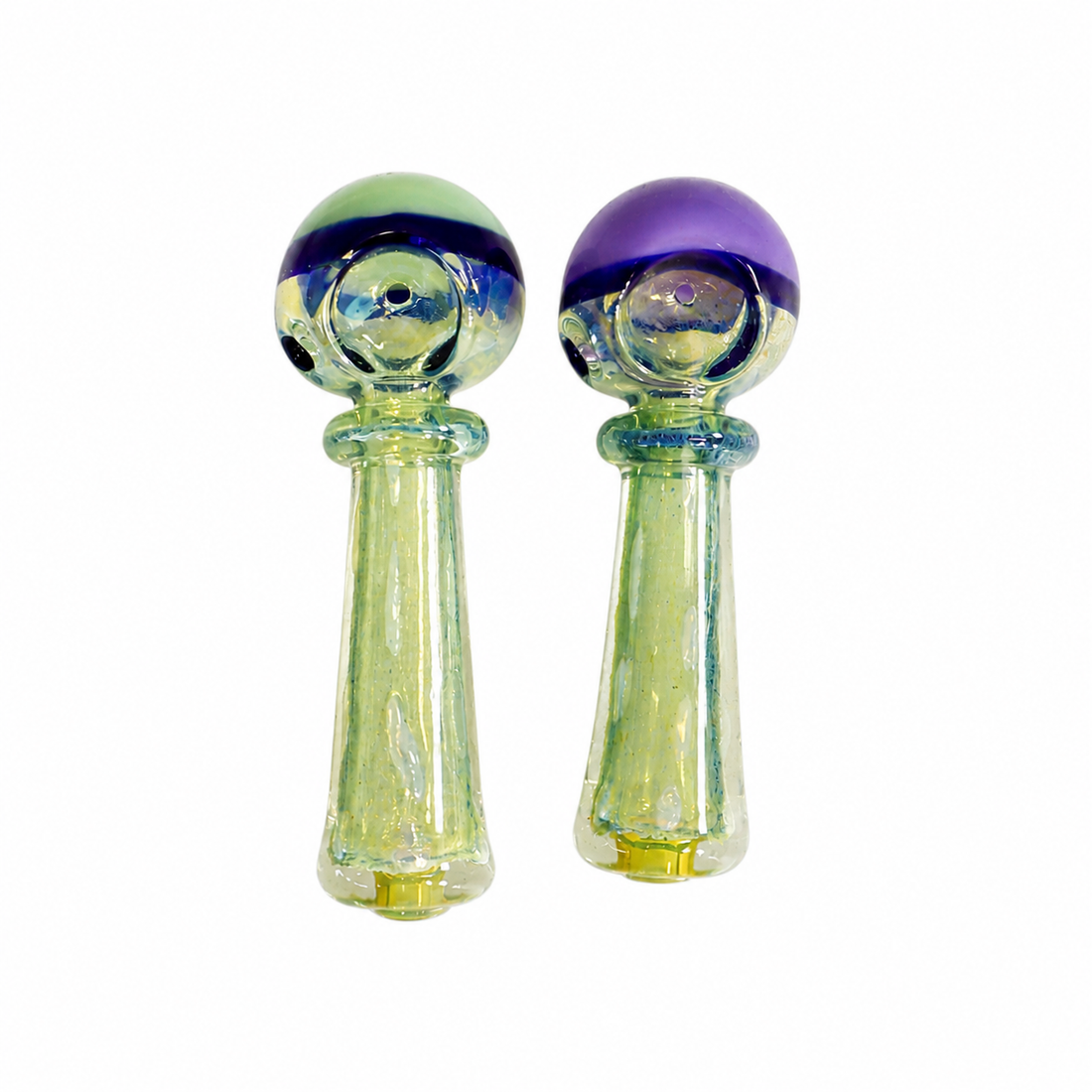 Two small glass smoking accessories with bulb-shaped tops, one featuring a green-to-blue gradient and the other purple-to-blue gradient, on a plain white background.

