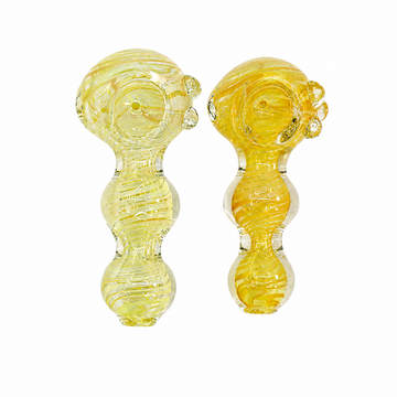 Two yellow glass water pipes with a swirled marbled pattern, shown on a plain white background.